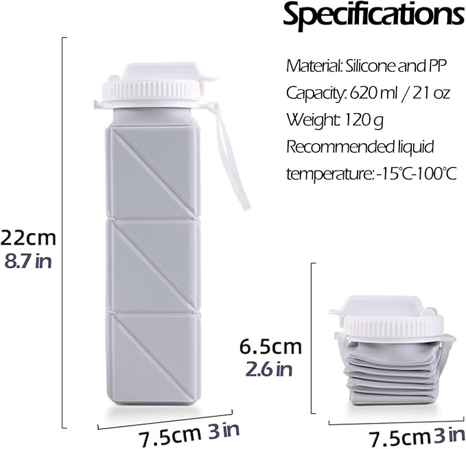 Collapsible Water Bottle, Silicone Foldable Water Bottles For Travel, Easy-To-Carry Design And Compact Size, BPA Free, 20 oz (Grey (cuboid))