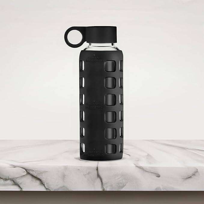 purifyou Premium 40/32 / 22/12 oz Glass Water Bottles with Volume & Times to Drink, Silicone Sleeve & Stainless Steel Lid Insert, Reusable Bottle for Fridge Water, Milk, Juice (12oz Jet Black)