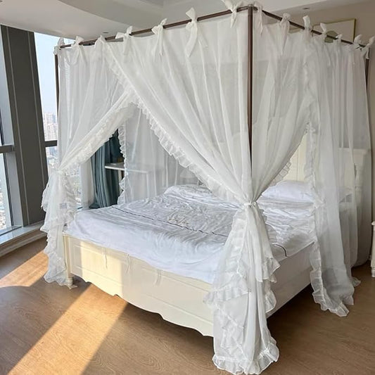Elegant Princess 4 Corner Post Mosquito Net Romantic for Girls Women Bed Curtain Canopy for Adult Wedding Bedroom Kids Rooms Decoration (Type4-White, Queen)