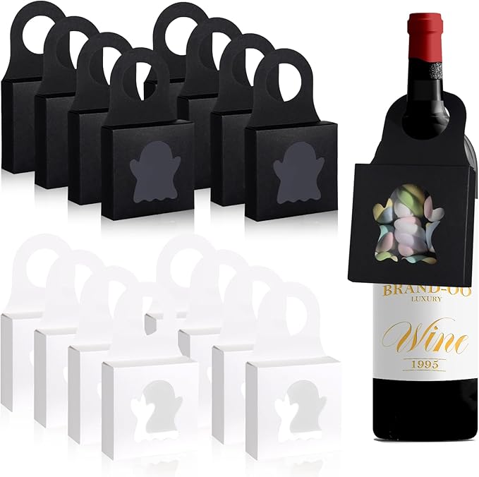 Megitzuu 30PCS Wine Bottle Box with Window, Kraft Paper Wine Boxes for Halloween Gifts Hanging Pumpkin Treat Box Mini Charcuterie Boxes Wine Bottles Gift Bags Goodies Candy Box Party Favor (Ghost)