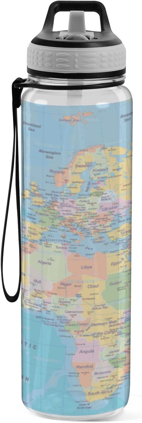 Kigai World Map Clear Water Bottle with Straw Lid, BPA-Free Leakproof Sport Water Bottle 32oz Large Gym Water Jug for Men Women Travel Fitness Outdoor