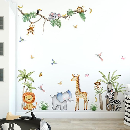 Jungle Animals Wall Decals Elephant Lion Monkey, Removable Kids Toddler Safari Wall Stickers Peel and Stick Wall Art Decor Wallpaper for Classroom Bedroom Nursery Playroom