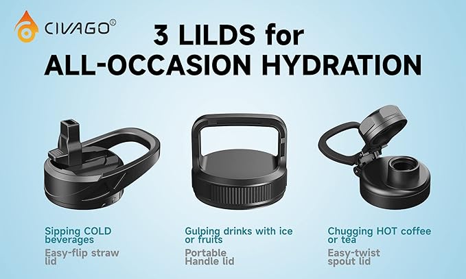 CIVAGO 32 oz Insulated Water Bottle With Straw, Stainless Steel Sports Water Flask Cup with 3 Lids (Straw, Spout and Handle Lid), Double Walled Travel Thermal Canteen Mug, Raspberry Vibes