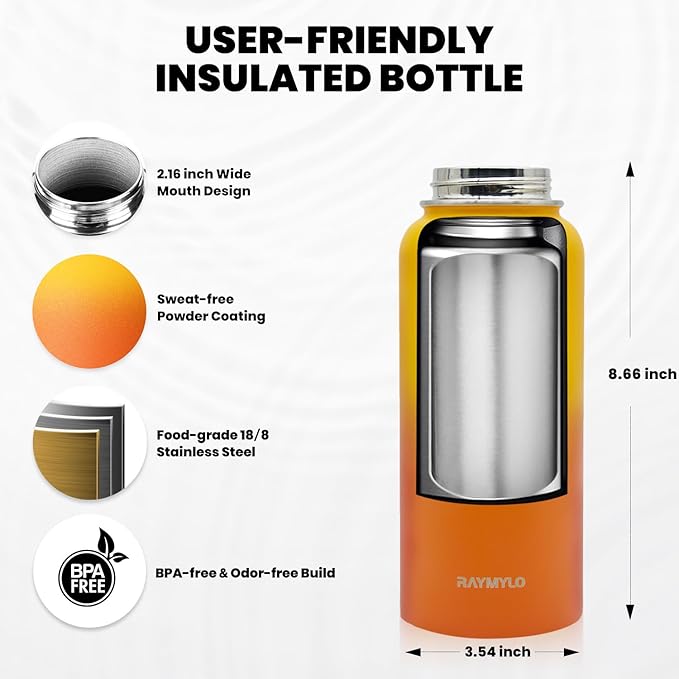 Insulated Water Bottle 32 oz, Triple Wall Vacuum Stainless Steel (Cold for 48 Hrs), Leak Proof & Non-BPA, Modern Water Flask Jug with Paracord Handle & Straw Spout Lids, Ombre Orange