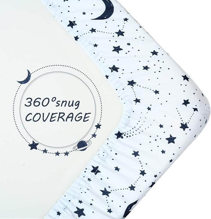 JISEN Baby Crib Sheet 1 Piece Portable Fitted Crib Sheet for Standard Crib and Toddler Mattresses Nursery Bed Decor for Boys Girls 28x52 Inch Stars Planets