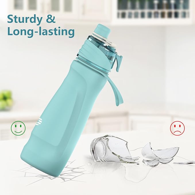 Misting Water Bottle, 24oz Insulated Water Bottle, 2-in-1 Mist & Sip Stainless Steel Water Bottles, Thermo for Hot Drinks/Cold Drinks, Sports Water Bottle for Hiking, Running, Gym, Teal Blue