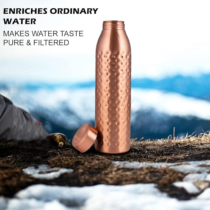 Copper Water Bottle 1Liter - Gift Box of 6, Hammered, an Ayurvedic vessel made from pure copper - helps you drink more water, with many health benefits