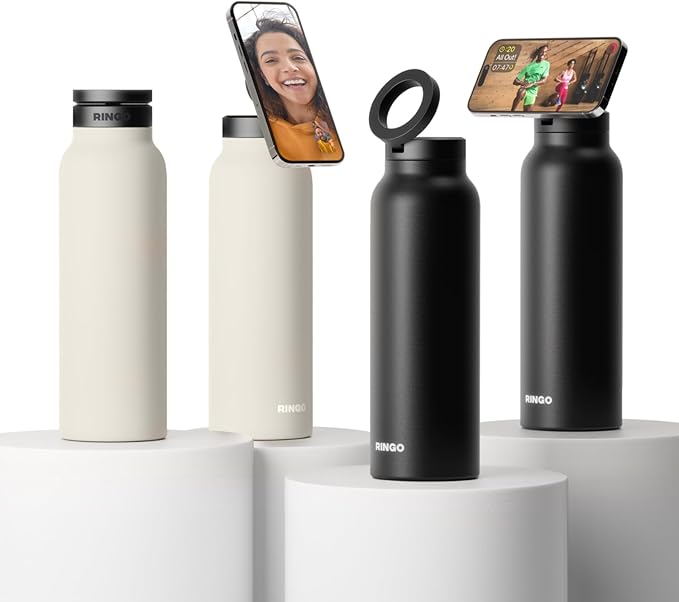 Ringo Insulated Water Bottle - Compatible MagSafe Water Bottle w/Phone Holder - Stainless Steel School Water Bottle w/Magnetic Phone Mount for Kids & Adult-Hot 12H, Cold 24H 360° Rotate - Black 32oz