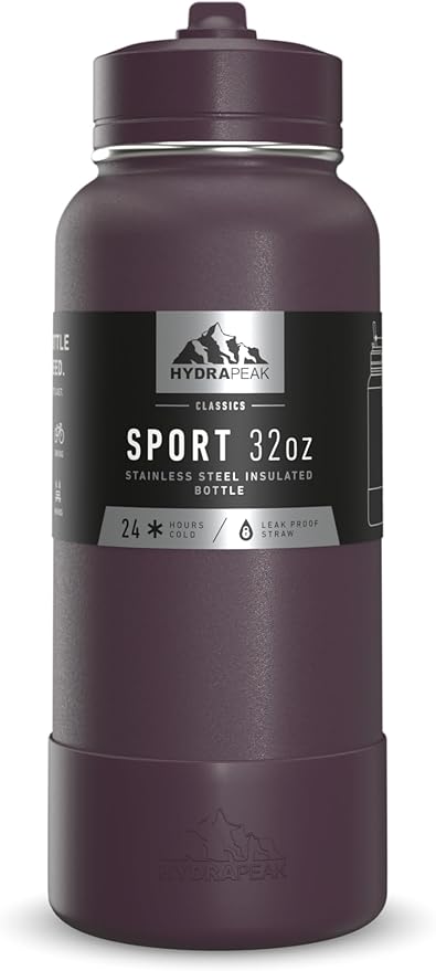 Hydrapeak 32oz Sport Insulated Water Bottle with Straw or Chug Lid, Leak & Spill Proof, Keeps Drinks Cold for 24 Hours, Hot for 12 Hours, Premium Stainless Steel Water Bottles (32oz, Midnight Plum)