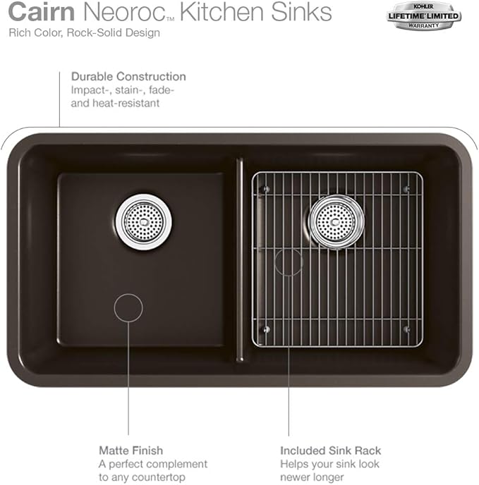 KOHLER K-8204-CM6 Cairn Sink, 33" Neoroc Composite Undermount Double-Bowl Kitchen Sink, Composite Kitchen Sink with Sink Rack, Matte White