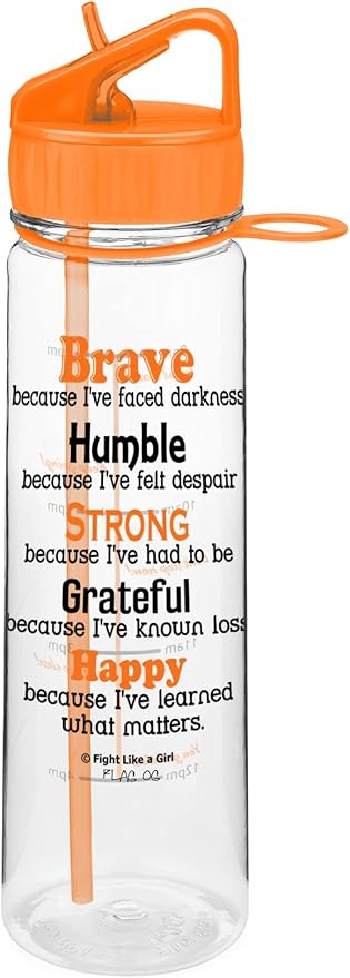 Fight Like a Girl Brave SlimKim 30 oz Motivational Water Bottle with Time Marker & Straw for Leukemia, Kidney Cancer, MS Awareness - Reusable Clear Water Bottle for Workout, Gym, Travel - Orange