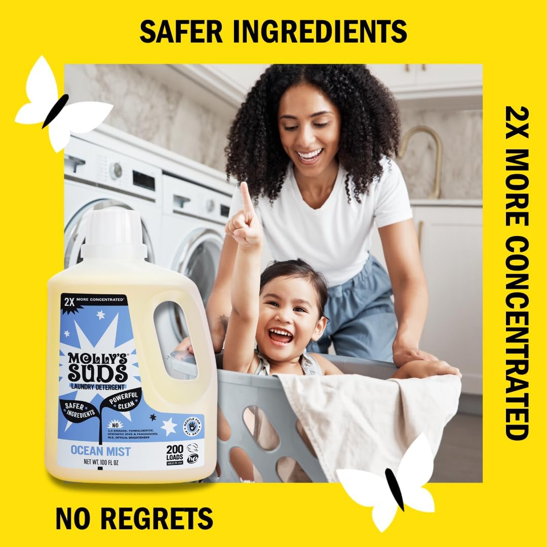 Molly's Suds Liquid Laundry Detergent | Clean Laundry Detergent Soap for Sensitive Skin | 2x Concentrated, High Efficiency (HE) | Ocean Mist - 100 Loads