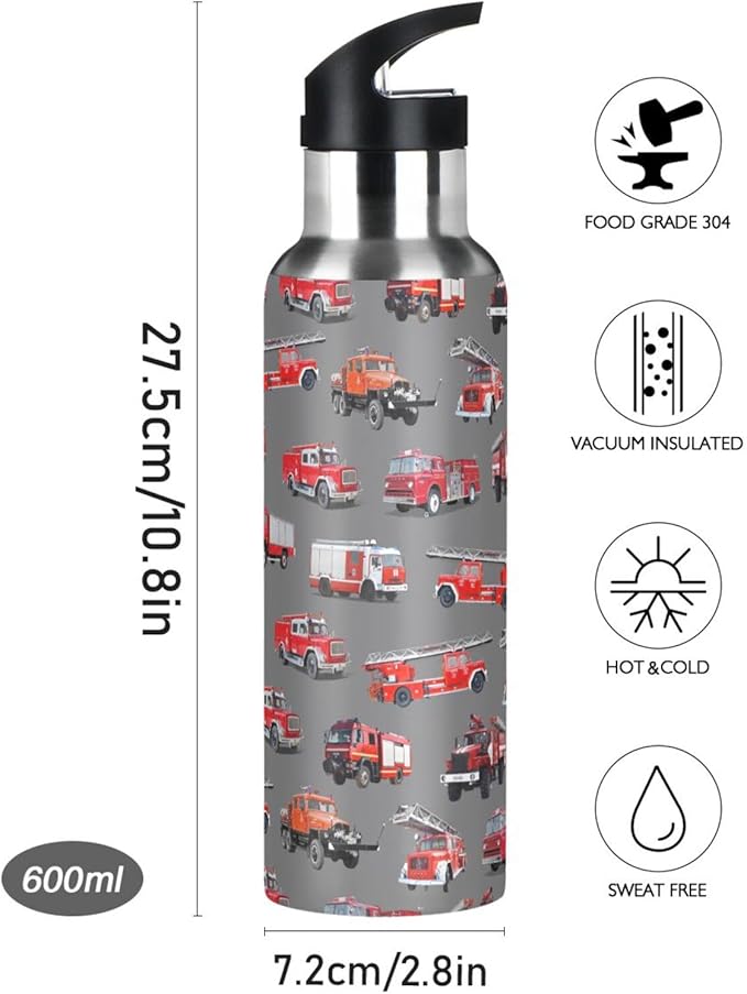 Fire Truck Stainless Steel Water Bottle with Straw Lid - 20 Oz Sports Insulated Water Bottle Thermos for Sport Gym Outdoor Travel School