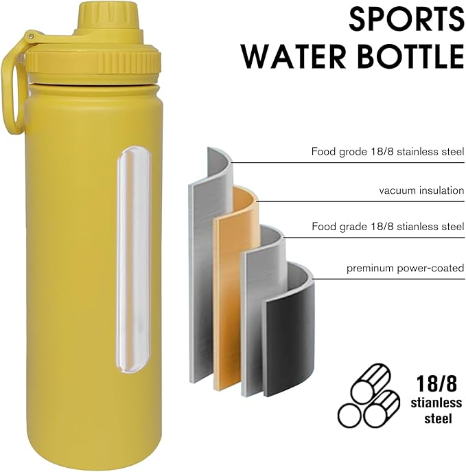 22oz Insulated Water Bottle ，Stainless Steel Sports Water Cup Flask with 2 Lids, Wide Mouth Travel Thermal Mug,Outdoor Sports Bottle（Mango yellow）