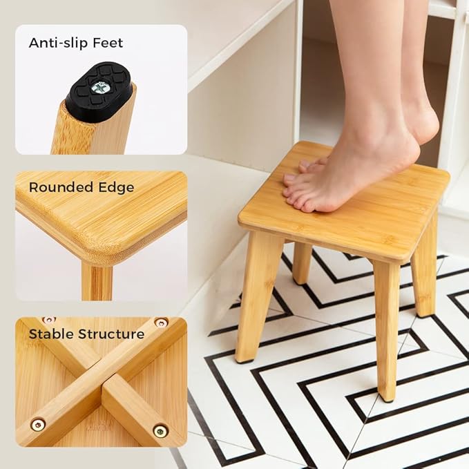 StrongTek Bamboo Step Stool for Kids and Adults, Eco-Friendly, Sturdy and Versatile Short Foot Stool for Bathroom, Kitchen, Bedroom, Compact 10-inch Small Wood Stool, Plant Stand (Natural)