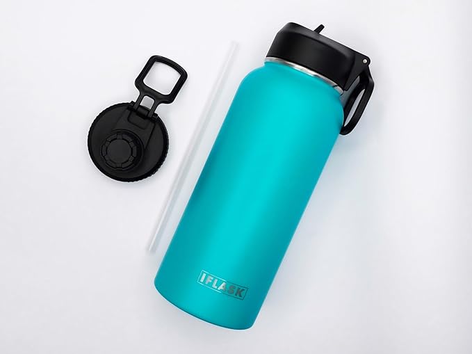 Sport Travel Outdoor Water Bottle with Spout and Straw Lids | Leak Proof | Insulated Stainless Steel Double Walled | BPA and Sweat free | Hot & Cold | For Kids Men & Women (Blue, 32 oz)