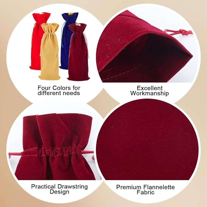 PLIGREAT 8 Pcs Velvet Wine Bags 4 Color Wine Gift Bags with Drawstrings, Reusable Wine Bottle Bags for Wedding, Birthday, Dinner Party, Christmas Congrats Gift Bags, Wine Wrapping Bags