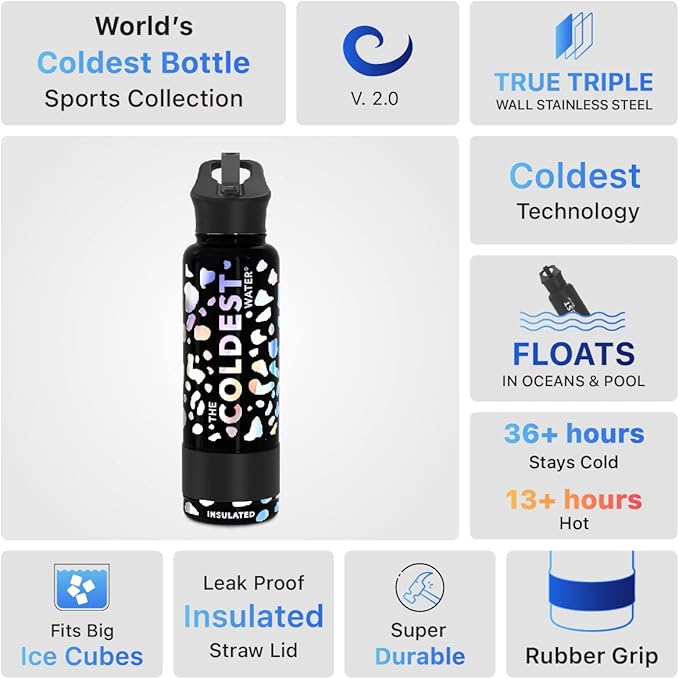 COLDEST Sports Water Bottle - 40 oz (Straw Lid), Leak Proof, Vacuum Insulated Stainless Steel, Hot Cold, Double Walled, Thermo Mug, Metal Canteen (40 oz, Moonlight Leopard Glitter)