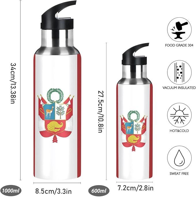 Peru Flag Sports Water Bottle, Double Wall Vacuum Insulated Stainless Steel Water Bottle with Straw Keeps Hot and Cold, Bike Running Sports Travel Gym 20oz