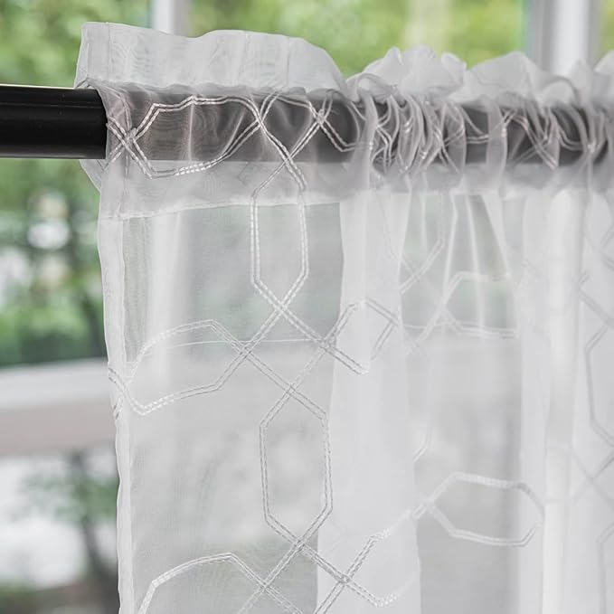 Windows Embroider-Heptagon Sheer White Curtains 84 Inches Length 2 Panels Voile Light Filtering Sheer Curtains Panel Basic Rod Pocket Sheer for Bedroom Living Room Children Room