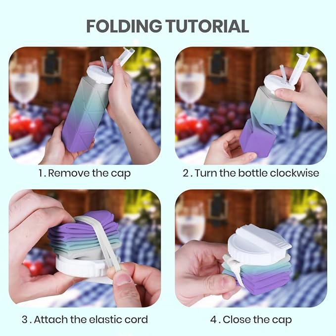 Collapsible Water Bottles with Straw Strap, BPA-Free Leak-Proof Silicone Collapsible Water Bottle Cup 620ml for Travel, Camping, Hiking, Cycling and Outdoor Sports (Blue-Purple Gradient)