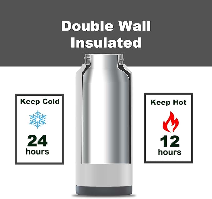 white 32 oz insulated water bottle with straw stainless steel water bottle,double wall,leak proof water bottles with 3 lids,travel,gym mens water bottle(Pearl Grey, 32oz)