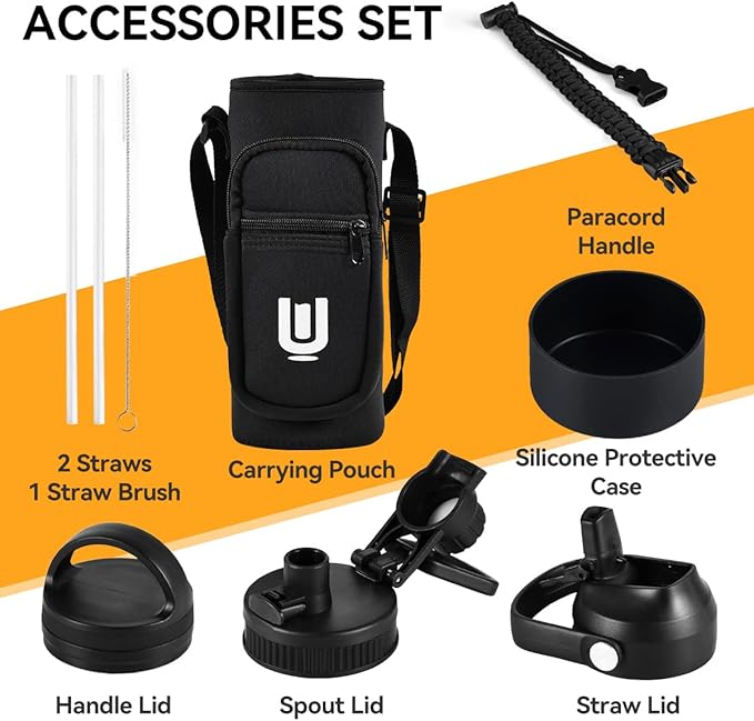 Water Bottle with Strap, 40oz Insulated Stainless Steel Water Bottle with Straw, Spout Lid & Handle, Metal Flask Jug with Carrier Bag, Great for Hiking, Sports & Gym, Black