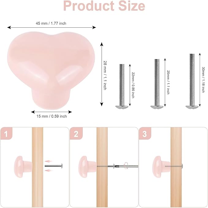 4X Cute Dresser Knobs Ceramic Cabinet Knobs Pink Drawer Knobs Heart Love-Shape Door Pull Knob Cabinet Closet Ceramic Drawer Cupboard Kitchen Kids Children Bedroom Wardrobe (Pale Pink)