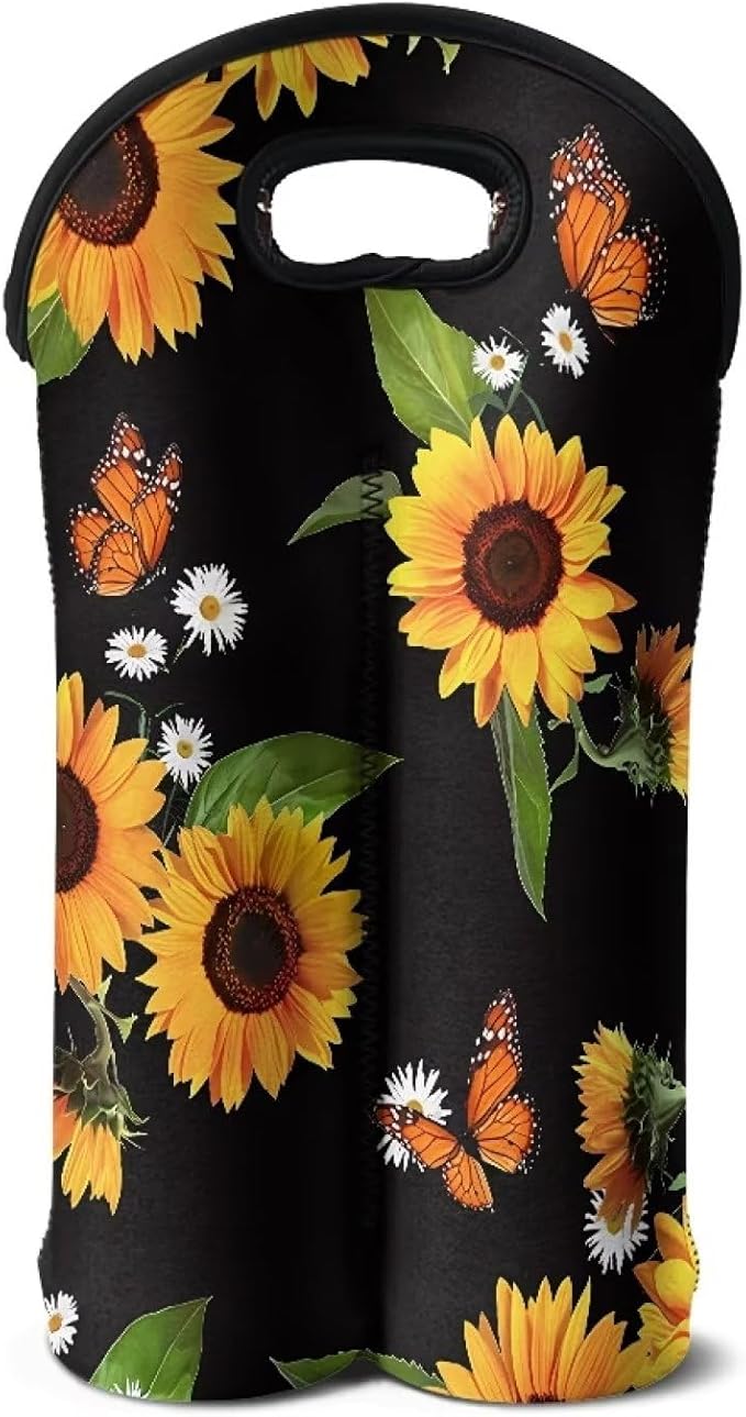 doginthehole Sunflower Butterfly Wine Bottle Carrier Reusable Wine Gift Tote Bags 2 Bottle Wine Bag for Birthday Party Wine Carry Holder Neoprene Champagne Bottle Protective Bag