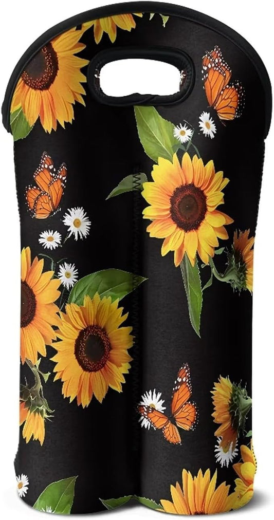 doginthehole Sunflower Butterfly Wine Bottle Carrier Reusable Wine Gift Tote Bags 2 Bottle Wine Bag for Birthday Party Wine Carry Holder Neoprene Champagne Bottle Protective Bag