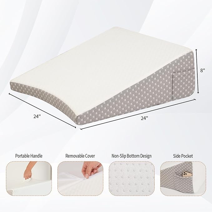 Wedge Pillow for Sleeping, 8 Inch Cooling Triangle Bed Pillow with Removable Cover, Elevated Body Pillow for Back Support, After Surgery, Snoring, Neck, Leg and Acid Reflux