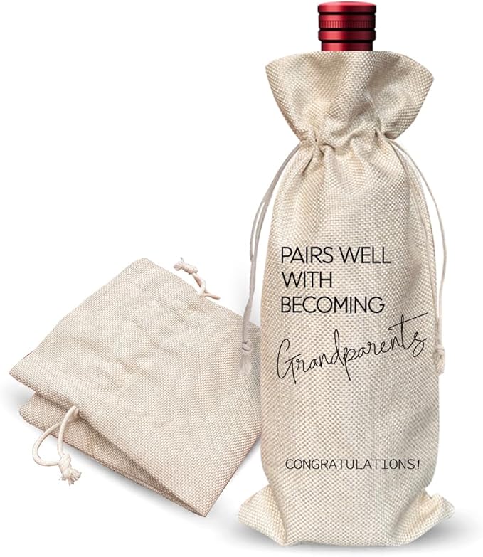 Pairs Well With Becoming Grandparent Linen Wine Gift Bag, Pregnancy Reveal Pregnancy Announcement Baby Shower Wine Bags for Wine Bottles, 1 Pack Reusable Burlap Wine Bag-2