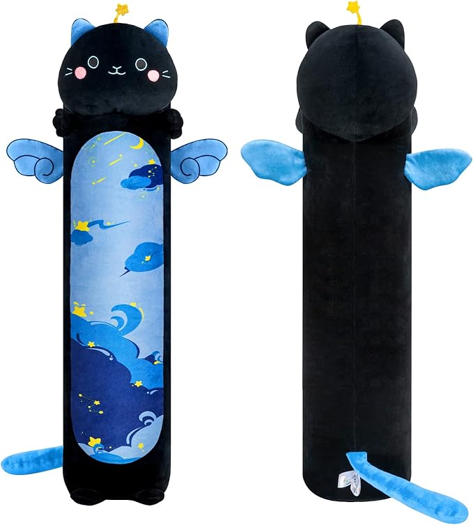Long Cat Plush Kawaii Body Pillow, 36” Cute Black Cat Stuffed Animals Soft Plushies, Blue Star Kitten Big Plush Toys Throw Pillow Doll Gift for Girlfriend