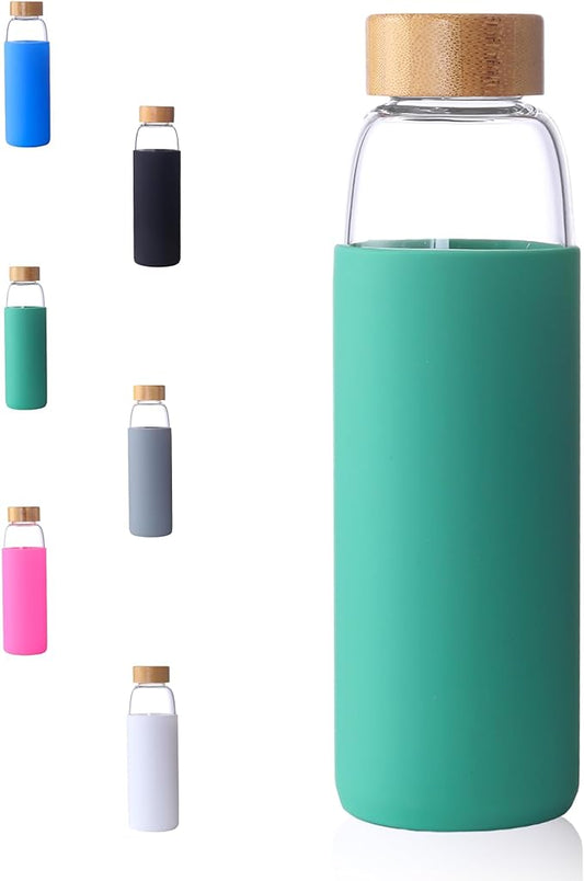 Laster Glass Water Bottle 20 Oz, 600 ml, made of Borosilicate Glass, 1 Bamboo & 1 Stainless Steel Lid, BPA Free, Non-Slip Silicone Sleeve (Leafy Green)