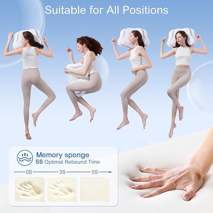 Cervical Neck Pillow, Pillow for Neck Pain Relief, Cooling Contour Memory Foam Pillows, Odorless Ergonomic Neck Pillow Adjustable Orthopedic Bed Pillow for Side Back Stomach Sleepers with Pillowcase
