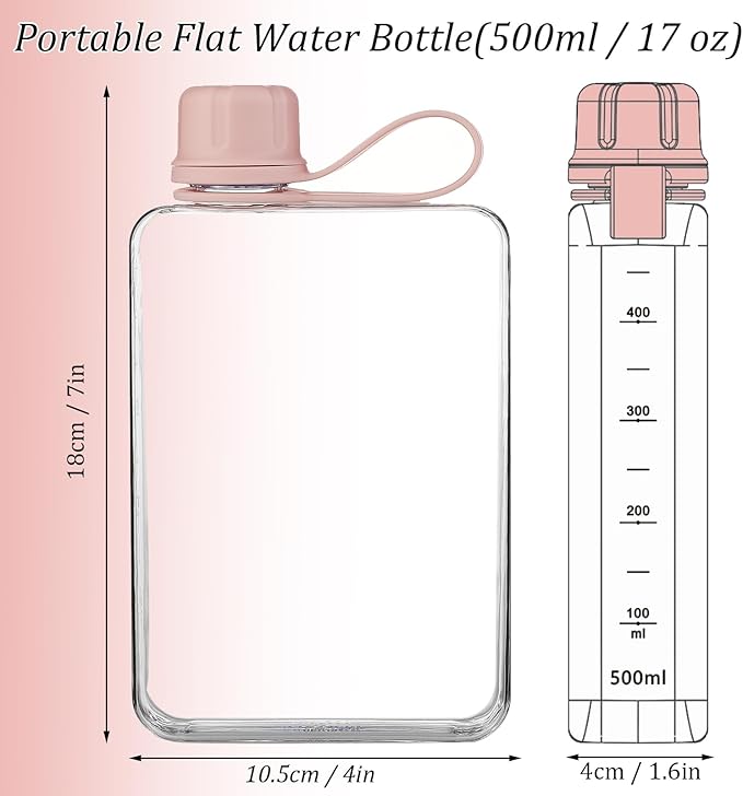 Tritan Transparent Flat Water Bottle samll Water Bottle Slim Square Pocket Bottle Water Flask, BPA Free/Slim Design/Leak Proof Water Bottle for Travel, Outdoor, Sports, Camping (Pink, 500ML)