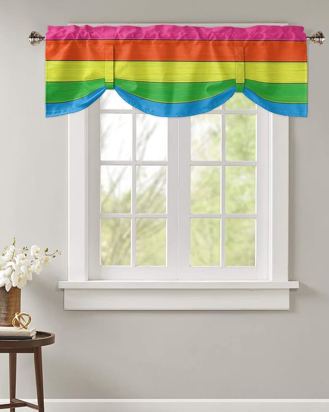 Farmhouse Blackout Tie Up Valance Curtains for Kitchen Windows,Rainbow Retro Rustic Barn Wood Texture Window Toppers Balloon Shades for Living Room/Bathroom/Bedroom,1 Panel,42" X 18" -1 Panel