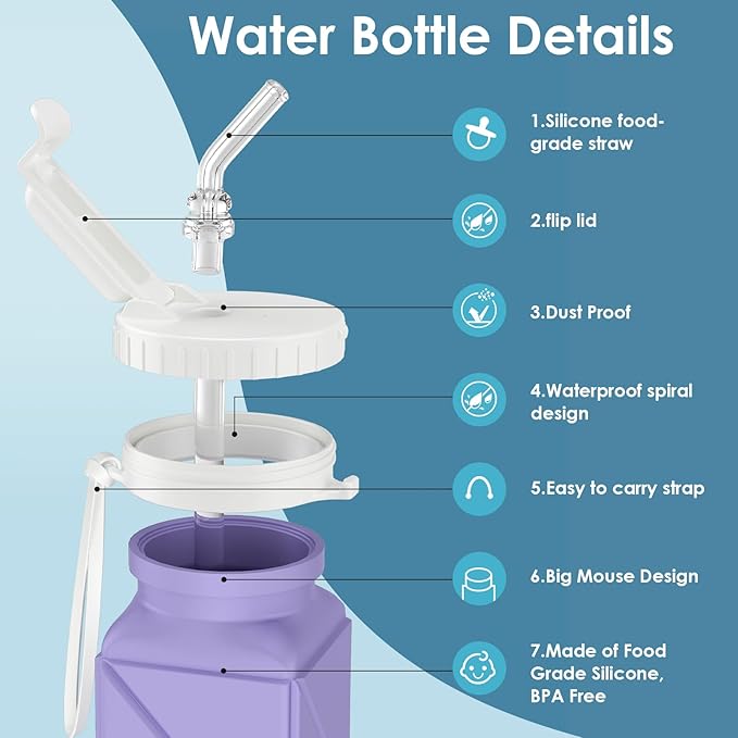 Collapsible Water Bottles 20.7oz Leakproof with Straw Lid Food-Grade BPA-Free Silicone Travel Foldable Water Bottles for Sports Office Gym Hiking Driving 610ML (Type2 Light Purple)