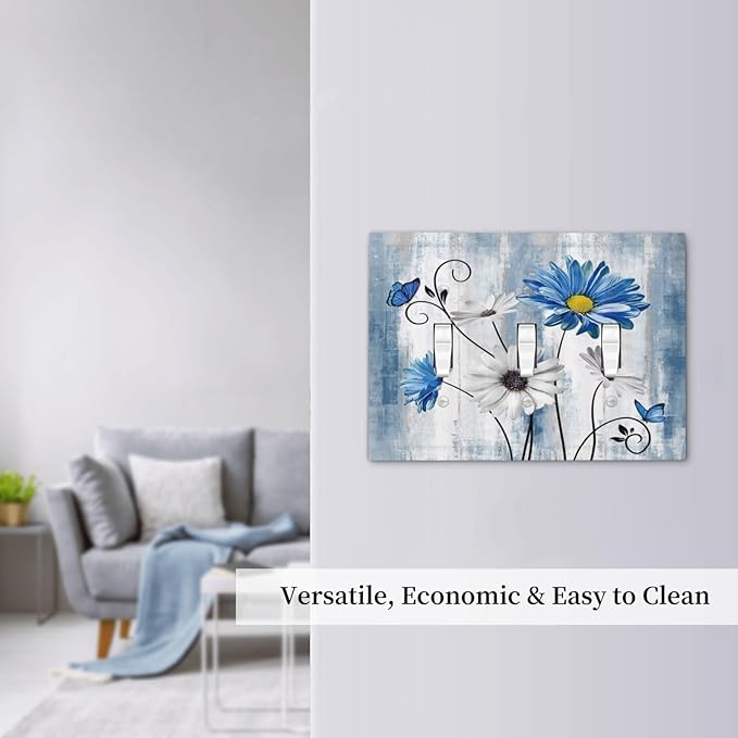 Rustic Teal Blue Daisy Floral Farmhouse 3 Gang Light Switch Covers Triple Toggle Wall Plate Decorative Switchplate Electrical Faceplate for Country Bathroom Bedroom Kitchen Decor