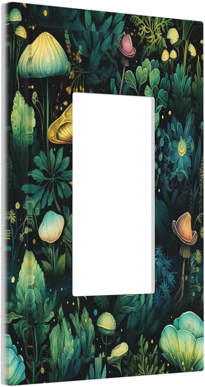 Green Dark Forest Mystical Mushroom 1 Gang Rocker Light Switch Covers Single Decora Outlet Wall Plate Decorative Switchplate Faceplate GFCI for Country Bathroom Bedroom Kitchen Decor
