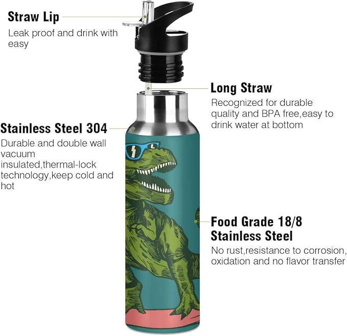 Surfing Dinosaur Sports Water Bottle, 22 Oz BPA Free Non-Toxic Stainless Steel Water Bottle with Straw for Gym Yoga Fitness Camping
