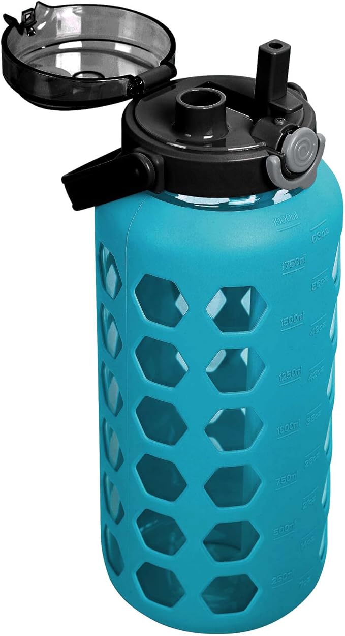 MUKOKO Half Gallon/64 oz Glass Water Bottles with Straw and Lid,Motivational Water Jug with Time Marker Reminder and Silicone Sleeve,100% Leakproof BPA Free Fitness Sports Large Bottle-Teal