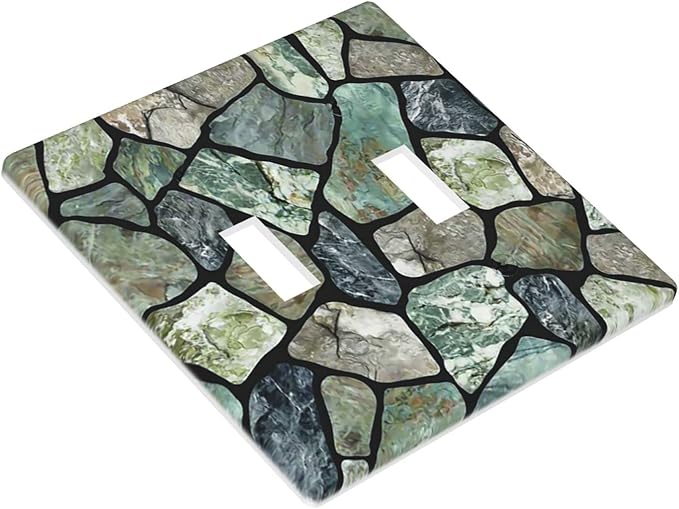Green Stone Texture Double Toggle Light Switch Wall Plate Cover Decorative 2-Gang for Room Bathroom Bedroom Home Kitchen Two Lightswitch Polycarbonate 4.5" x 4.6"