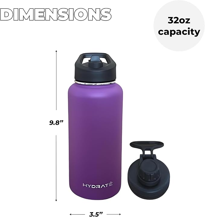 HYDRATE Insulated Stainless Steel Water Bottle - Large Reusable Flask with Leak-Proof Design and Convenient Handle - Double Vacuum Insulation for School, Work, or Adventure