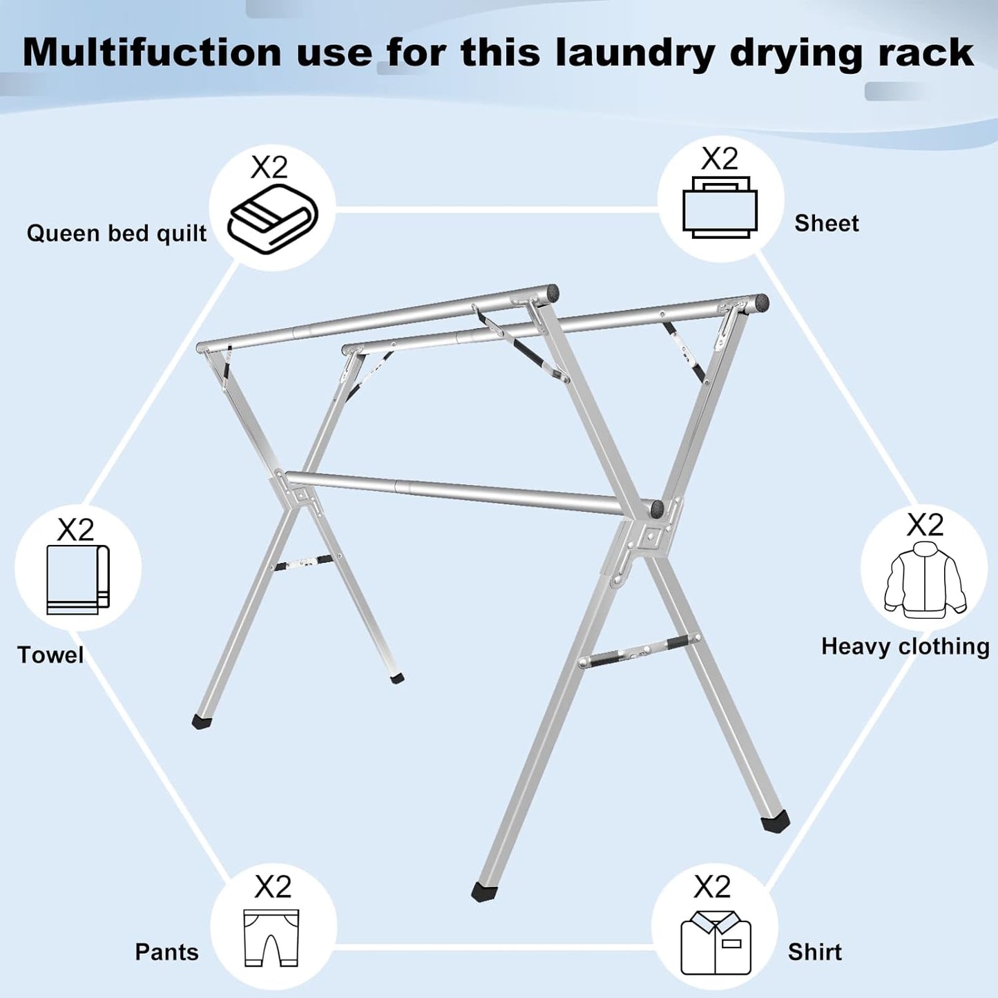 Sarahipe Sillars Clothes Drying Rack, 94.5 inches Laundry Drying Rack Clothing Foldable & Collapsible Stainless Steel Heavy Duty Clothing Drying Rack with Windproof Hooks for Indoor Outdoor