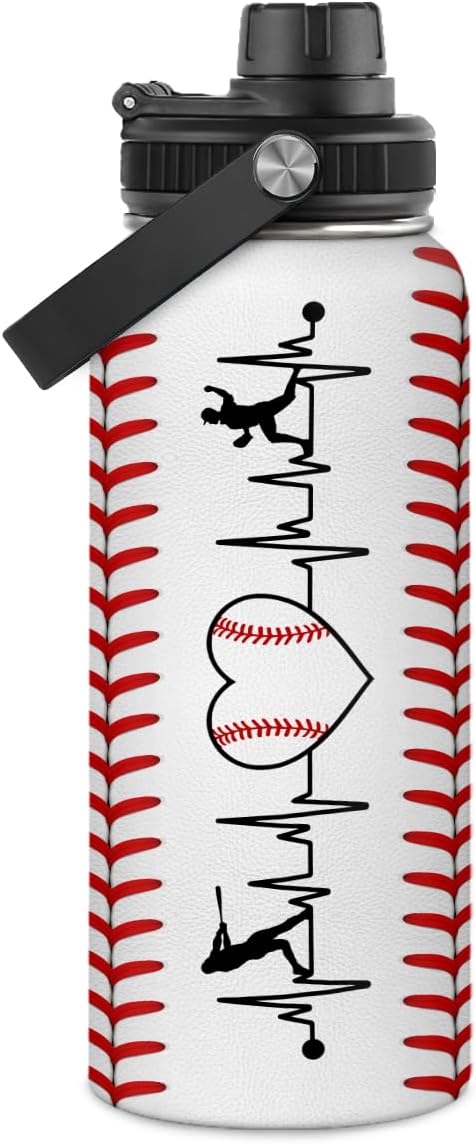 SANDJEST Baseball Water Bottle 32oz Stainless Steel Insulated Bottles for Men Women Sports Lovers Baseball Fan Players Coach - Baseball Gifts for Birthday Christmas