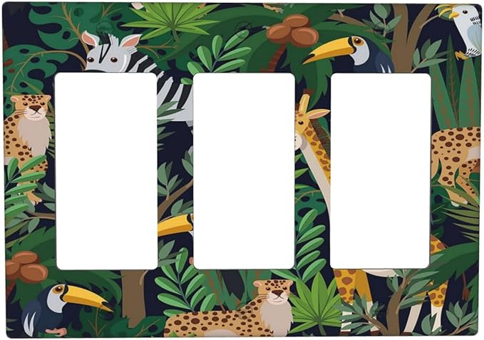Cartoon Animal Zebra Leopard Giraffe Bird Leaf 3 Gang Rocker Nursery Light Switch Covers Decorative Triple Outlet Wall Plate Cover Faceplate Decorative Switchplate GFCI for Kidroom Decor