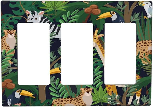 Cartoon Animal Zebra Leopard Giraffe Bird Leaf 3 Gang Rocker Nursery Light Switch Covers Decorative Triple Outlet Wall Plate Cover Faceplate Decorative Switchplate GFCI for Kidroom Decor
