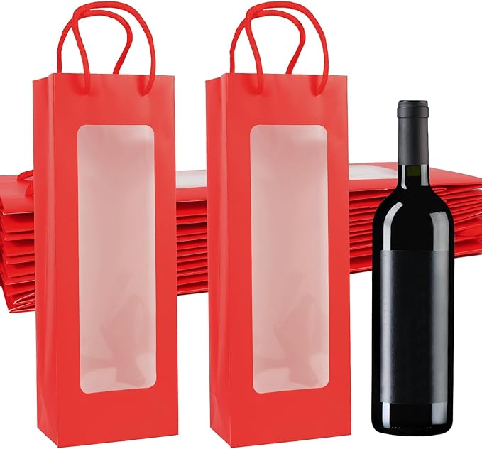 Cyblinia Wine Gift Bags with Window,20 Pack Paper Wine Bags 4.9 x 3.4 x 14.2 Inch Kraft Paper Flower Wrapping Bags Wine Bags for Wine Bottle and Gifts,Wedding,Birthday,Christmas