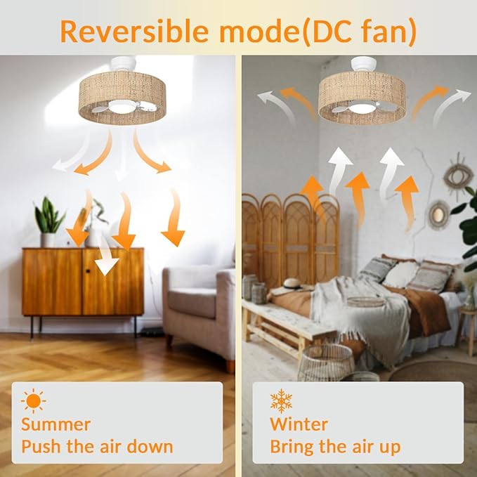 Boho LED Reversible DC Dimmable Ceiling Fan with Light Fixture and Remote Control,Caged Round Cage 3 Blade Small Drum Fandelier for Bedroom Indoor Kitchen Nursery Office Dining Room